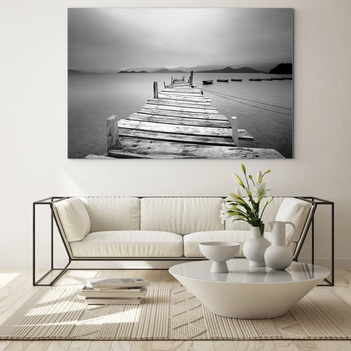 Glass picture - Wooden jetty over a calm lake in black and white - 70x50cm - In a Faraway Land - Modern wall decoration for the living room and bedroom ARTTOR