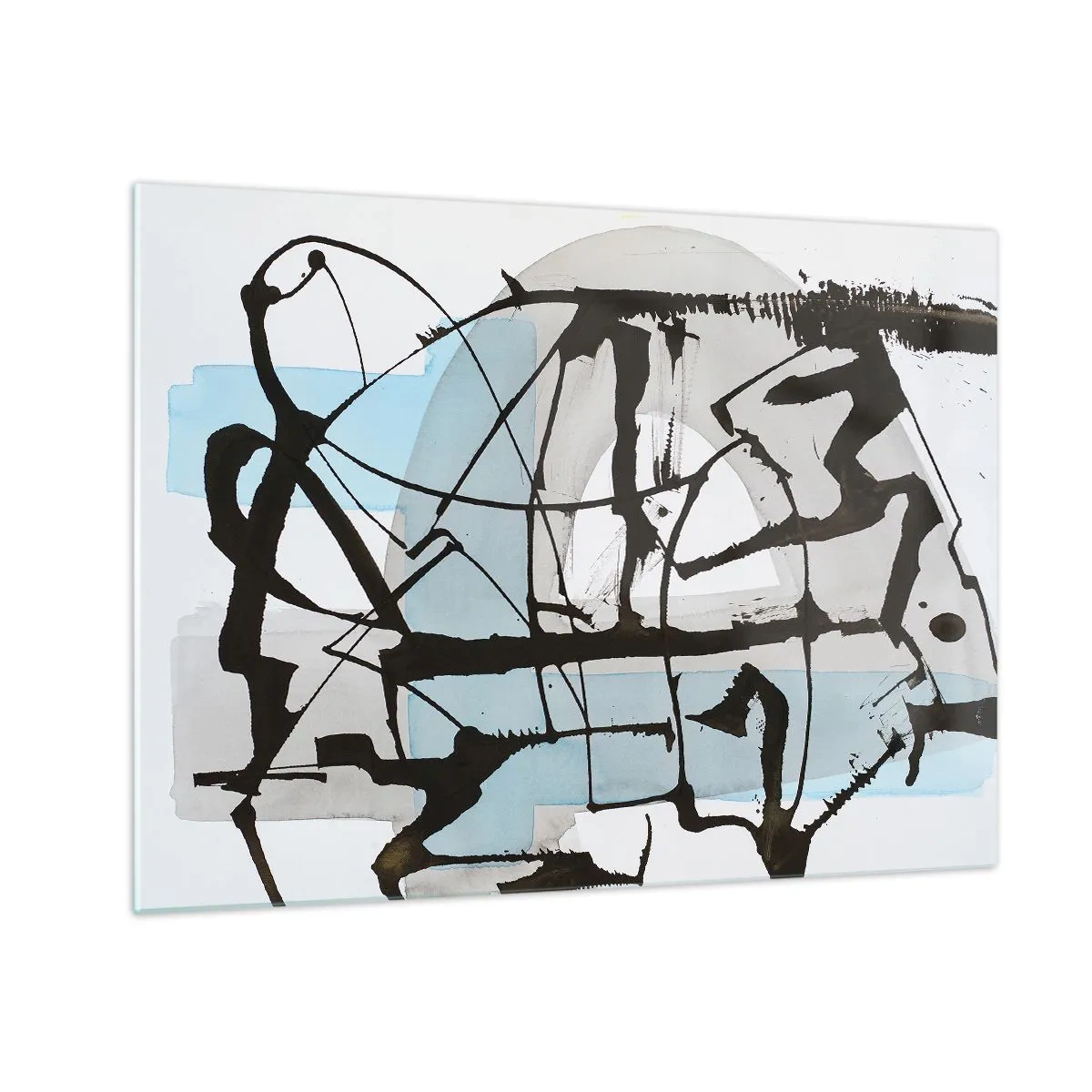 Glass picture - Abstract composition with a black sketch and blue spots - 70x50cm - After All Blue - Modern wall decoration for the living room and bedroom ARTTOR