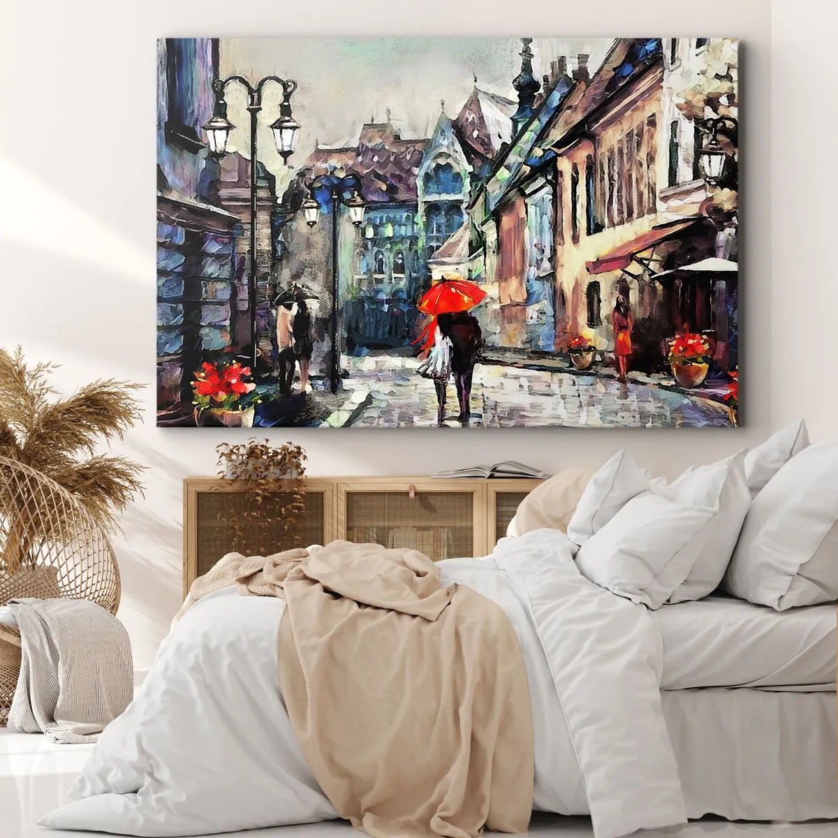 Canvas picture - A charming city street with a couple under a red umbrella - 70x50cm - Rain for Two - Modern wall decoration for the living room and bedroom ARTTOR
