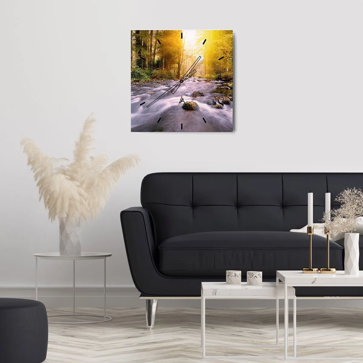 Wall clock - Clock on glass - Malachite in Silver and Gold Setting - 30x30 cm