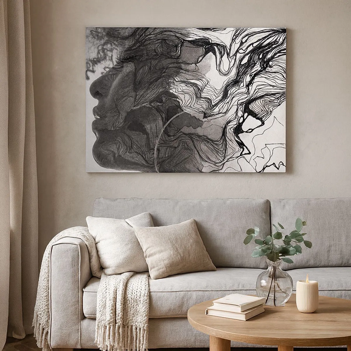 Canvas picture - Abstract face in black and white with dynamic lines. - 70x50cm - Wrapped up in Dreams - Modern wall decoration for the living room and bedroom ARTTOR