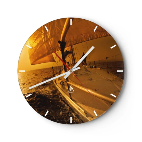 Wall clock - Clock on glass - sailboat on a calm sea in warm light - 30x30cm - Golden Evening after a Colourful Day - Modern wall decoration for the living room, kitchen, and bedroom ARTTOR