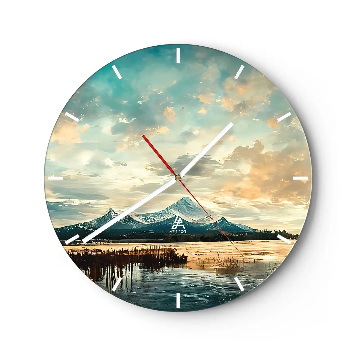 Wall clock - Clock on glass - Snow-capped mountain peaks reflected in the lake's surface - 30x30cm - Under Heaven's Protection - Modern wall decoration for the living room, kitchen, and bedroom ARTTOR
