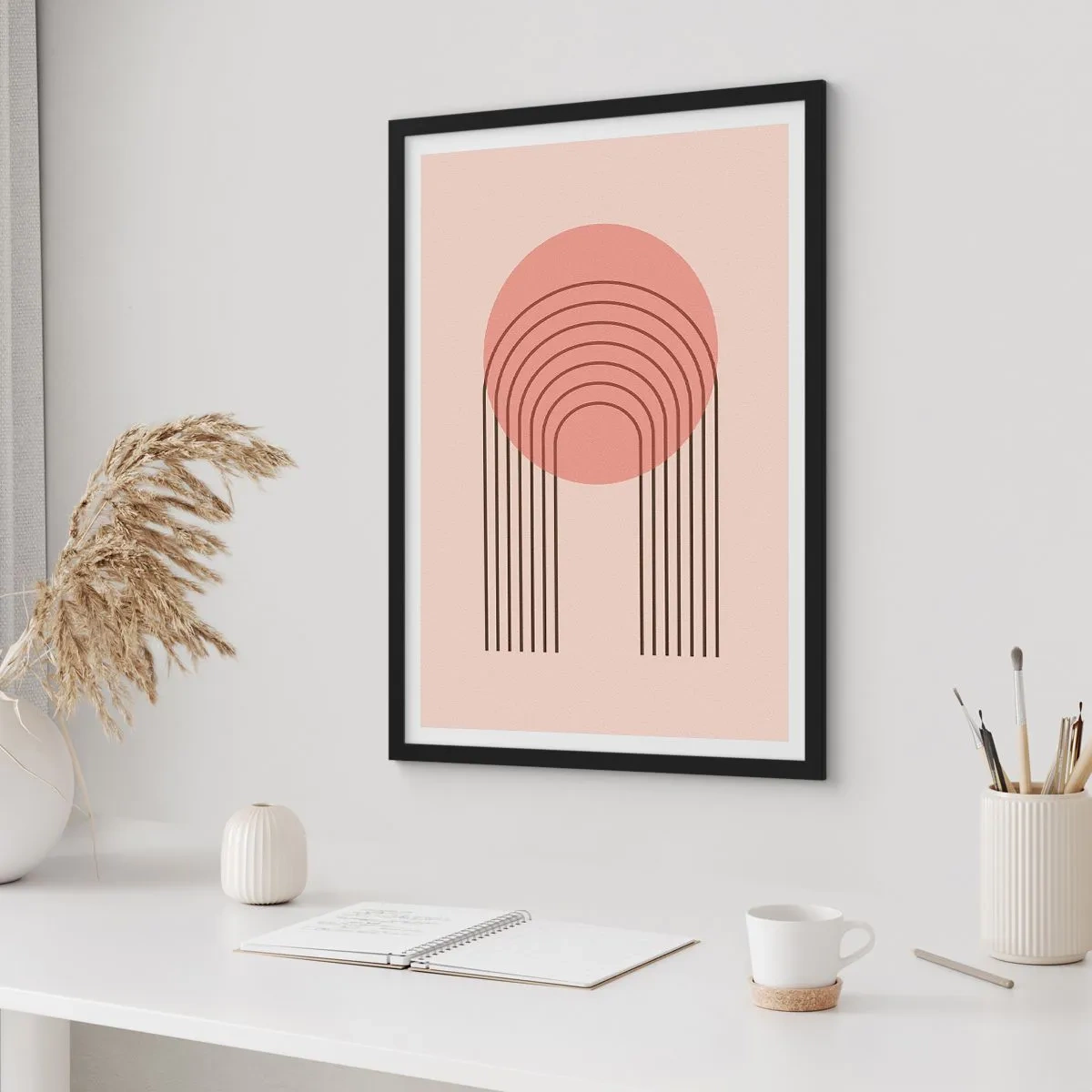 Poster in black frame - A minimalist abstraction with arcs in shades of pink and beige. - 50x70cm - Irresistible Attraction - Modern wall decoration for the living room and bedroom ARTTOR