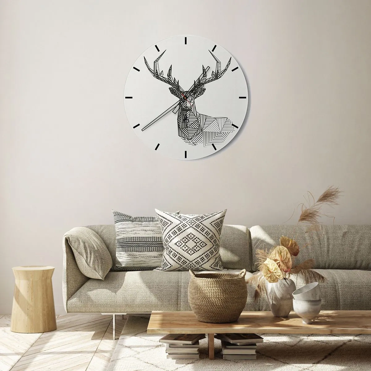 Wall clock - Clock on glass - Geometric linear deer on a light background - 30x30cm - Derr in Cubist Style - Modern wall decoration for the living room, kitchen, and bedroom ARTTOR