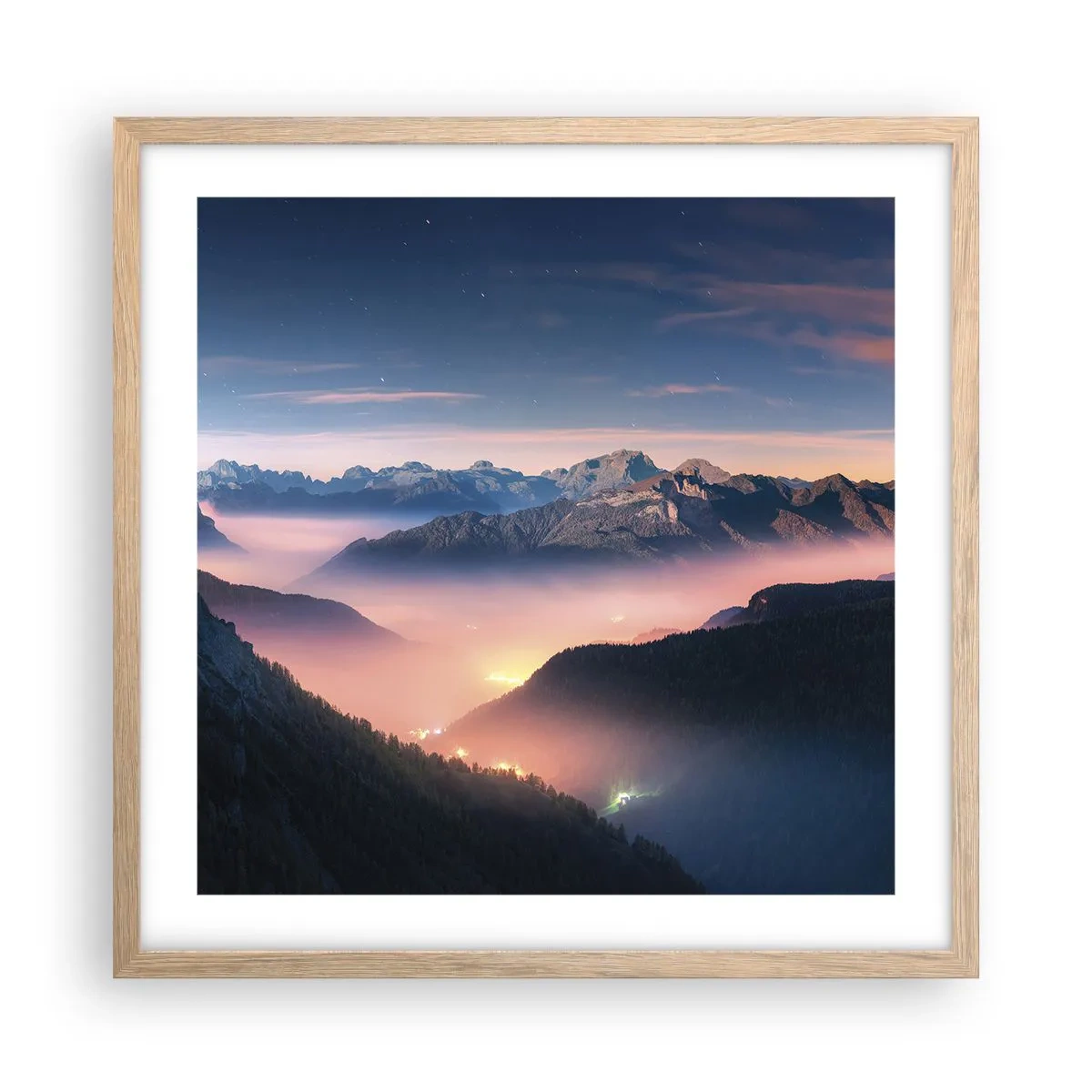 Poster in light oak frame - Light in the Valleys - 50x50 cm