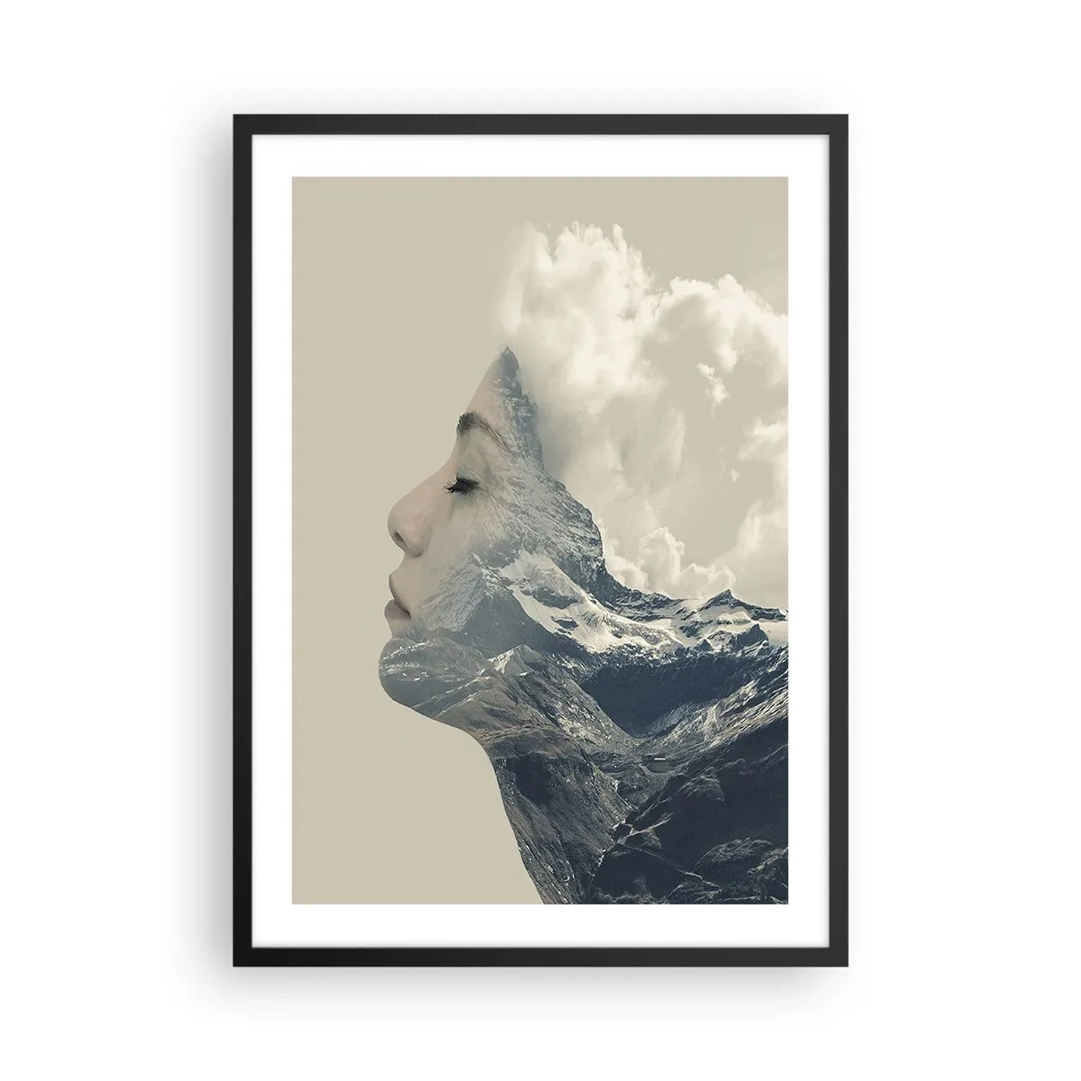 Poster in black frame - A woman's profile merging with a mountain landscape - 50x70cm - Beauty of Elements - Modern wall decoration for the living room and bedroom ARTTOR