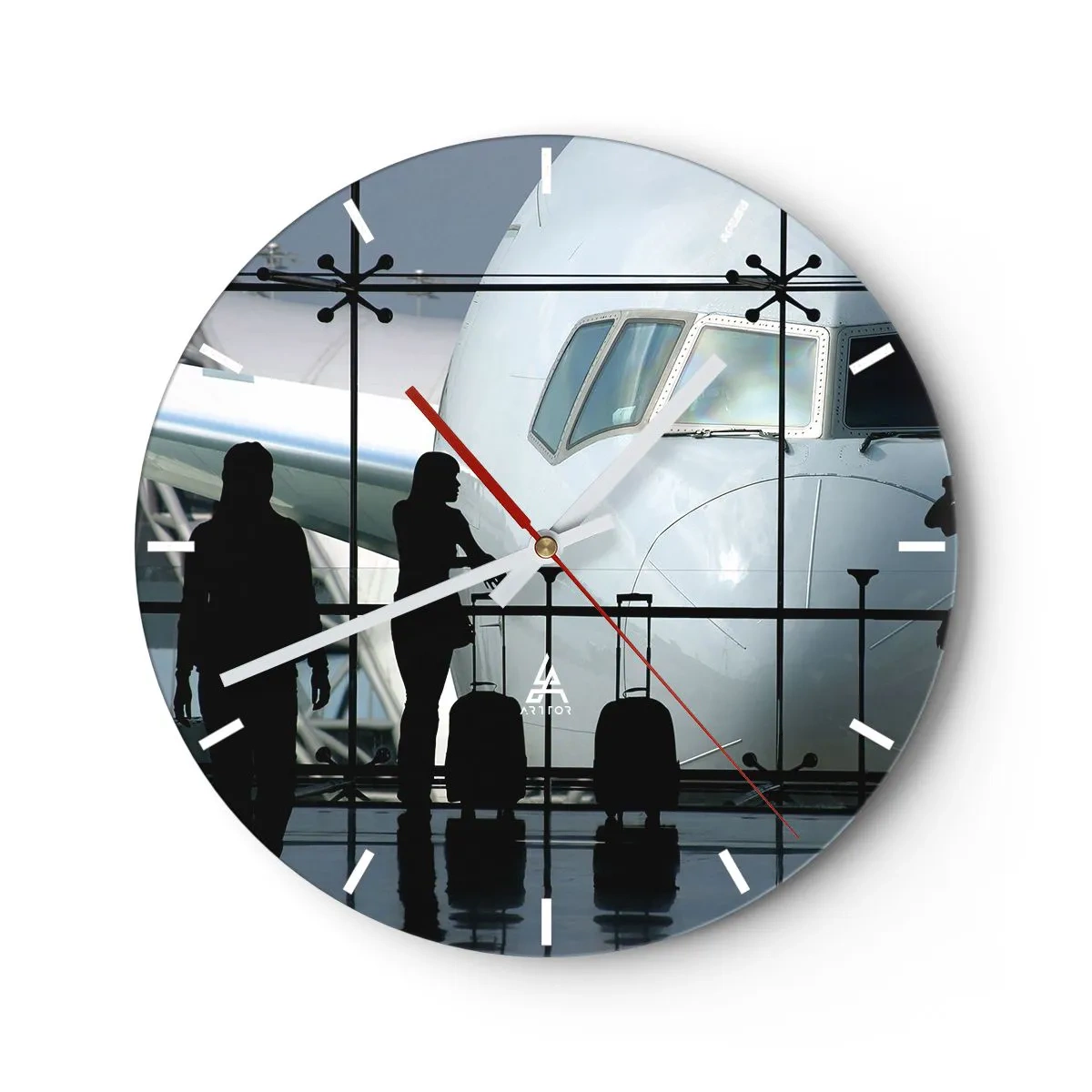 Wall clock - Clock on glass - Airport with a view of the plane and passengers - 30x30cm - Via a Vis at the Aiport - Modern wall decoration for the living room, kitchen, and bedroom ARTTOR
