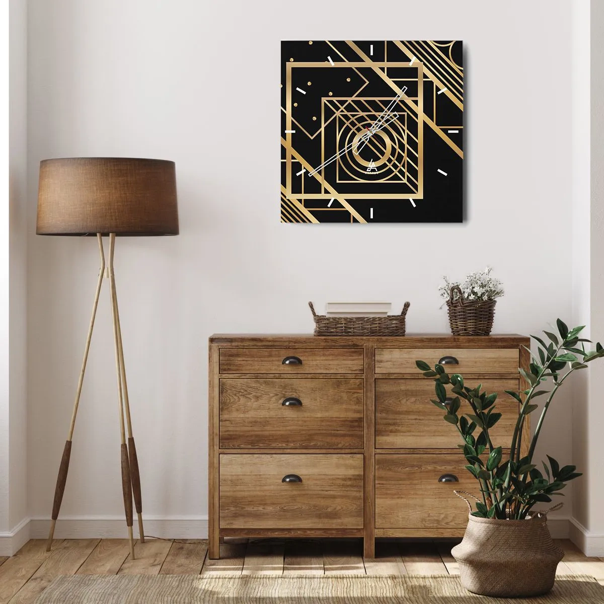 Wall clock - Clock on glass - Golden Geometry - 40x40 cm