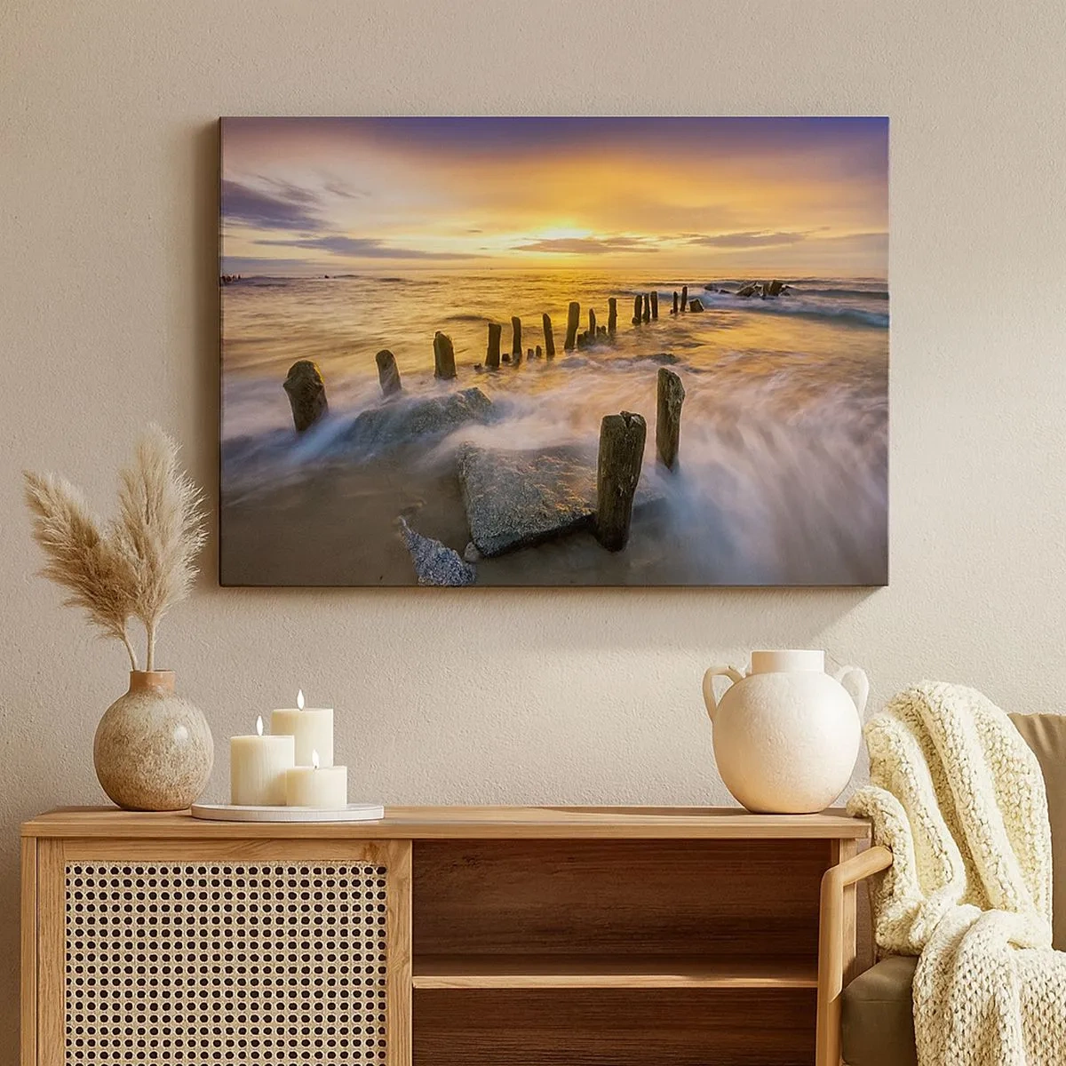 Canvas picture - Sunset over the sea with the remains of an old pier - 70x50cm - Raw Beauty of the Baltic Sea - Modern wall decoration for the living room and bedroom ARTTOR