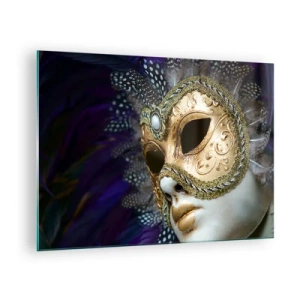 Glass picture - Gold Venetian mask with feathers on a purple background - 70x50cm - Venetian Portrait In Gold - Modern wall decoration for the living room and bedroom ARTTOR