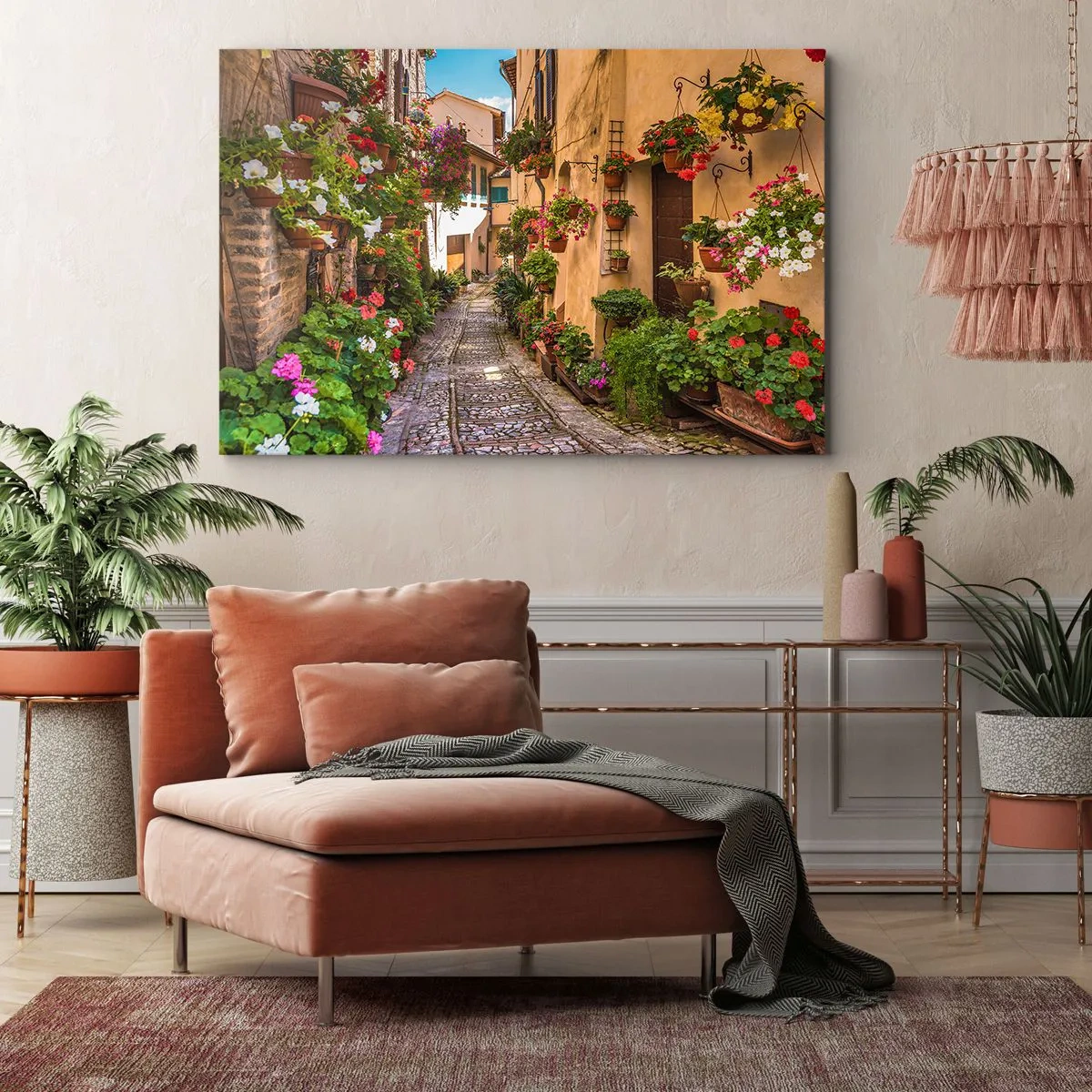 Canvas picture - A charming street full of flowers and flowerpots - 70x50cm - Italian Back Street - Modern wall decoration for the living room and bedroom ARTTOR