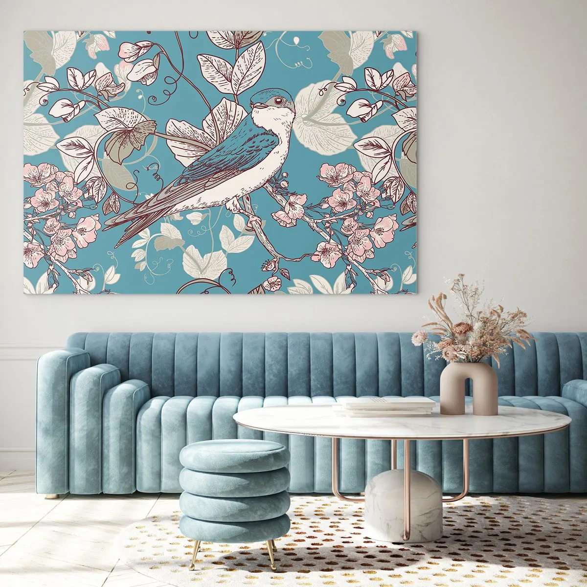 Glass picture - bird on a branch among flowers on a turquoise background - 70x50cm - In the Whitewood Chirps and Silvery - Modern wall decoration for the living room and bedroom ARTTOR