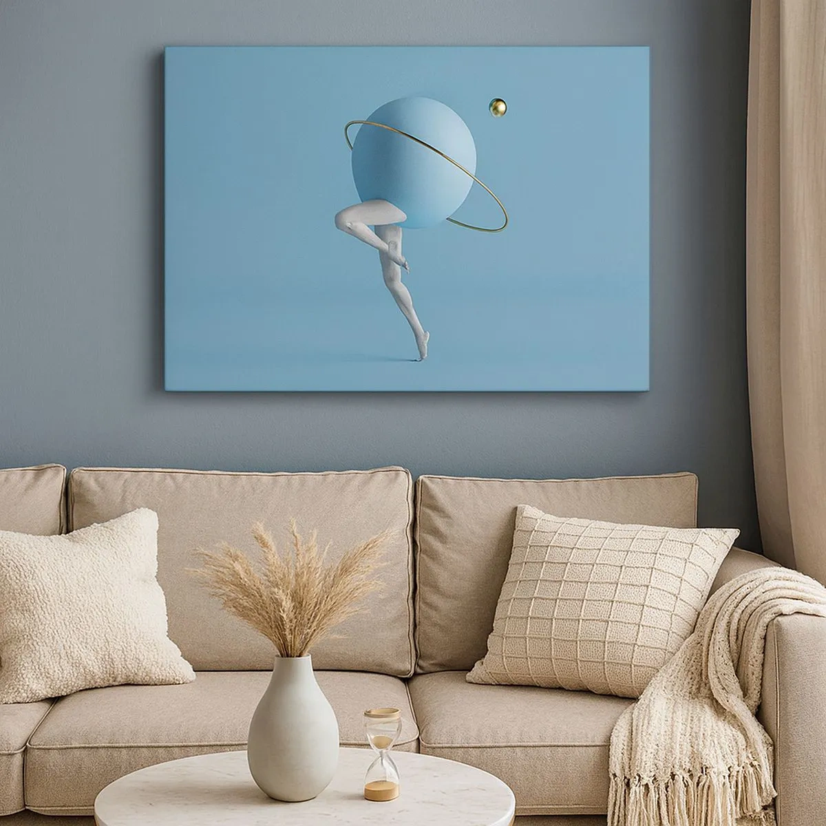 Canvas picture - A blue sphere with an orbit and human legs against the sky - 70x50cm - And Planets Are Going Crazy - Modern wall decoration for the living room and bedroom ARTTOR