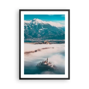 Poster in black frame - A church on an island surrounded by fog with a mountain backdrop - 50x70cm - Beginning of a Fairy Tale - Modern wall decoration for the living room and bedroom ARTTOR