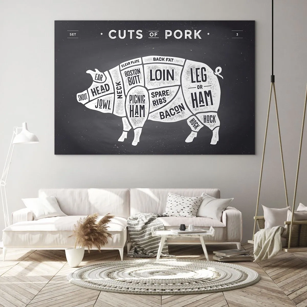 Glass picture - Diagram of pork cuts on a black board - 70x50cm - Butcher's Primer - Modern wall decoration for the living room and bedroom ARTTOR