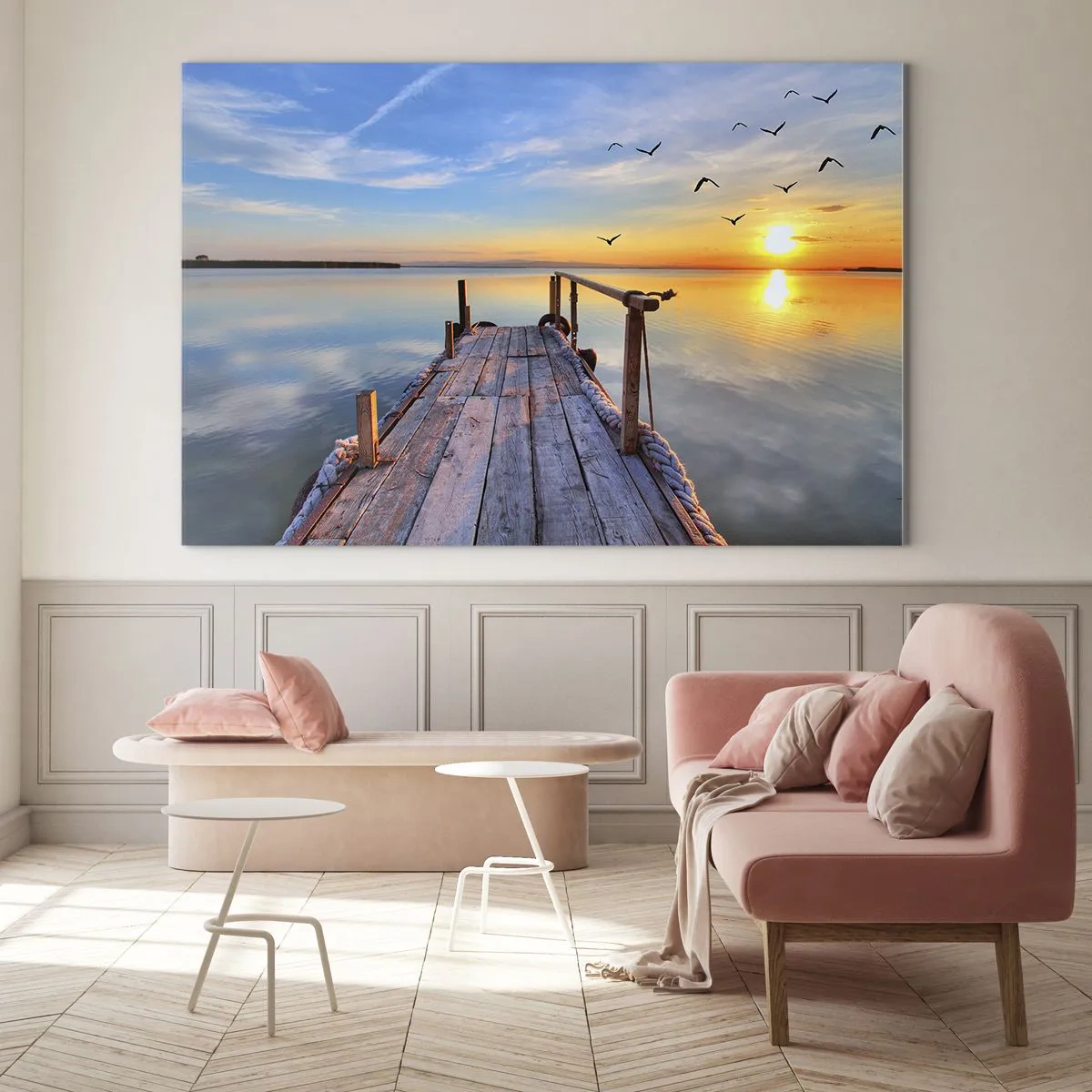 Glass picture - Wooden jetty on the lake at sunset - 70x50cm - Walk towards the Sun - Modern wall decoration for the living room and bedroom ARTTOR