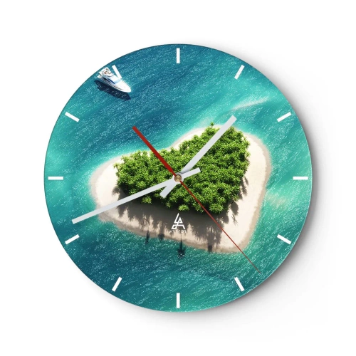 Wall clock - Clock on glass - A heart-shaped island against the backdrop of a turquoise sea - 30x30cm - I Love Summer - Modern wall decoration for the living room, kitchen, and bedroom ARTTOR