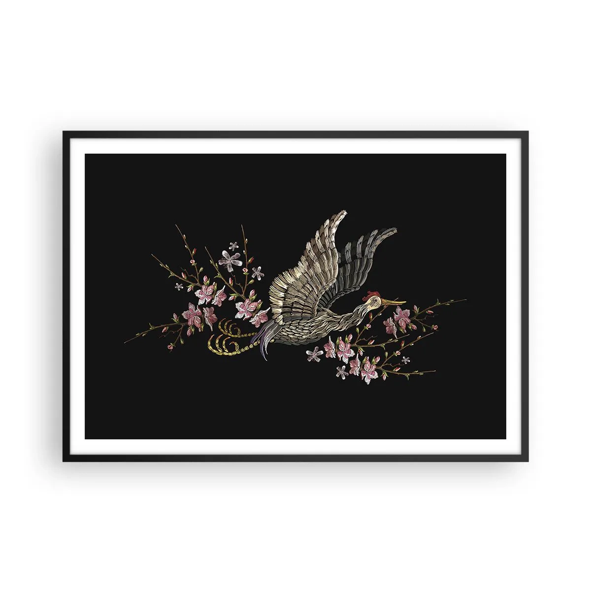 Poster in black frame - Exotic, Embroidered Bird - 100x70 cm