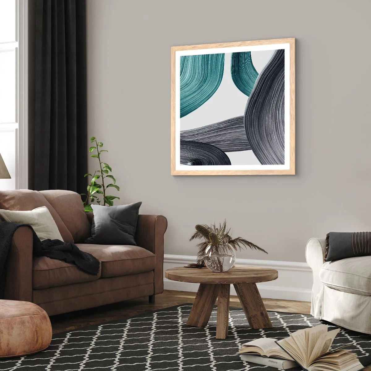 Poster in light oak frame - Emerald and Black Trails - 30x30 cm