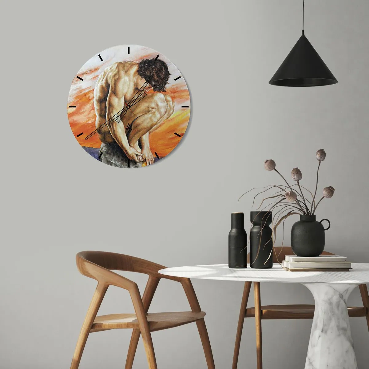 Wall clock - Clock on glass - A male figure in an artistic pose against a sunset background. - 30x30cm - Submerged in Himself - Modern wall decoration for the living room, kitchen, and bedroom ARTTOR