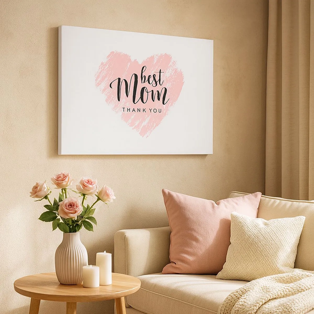 Canvas picture - Pink heart with the words "Best Mom Thank You" on a white background - 70x50cm - Always the Right Moment - Modern wall decoration for the living room and bedroom ARTTOR