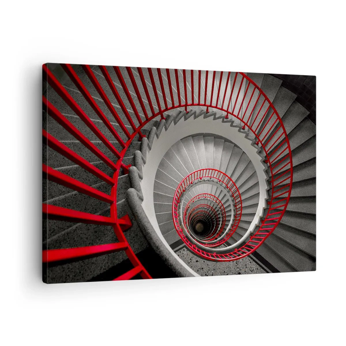 Canvas picture - Spiral staircase with red handrails in a dynamic perspective - 70x50cm - Games of Architecture - Modern wall decoration for the living room and bedroom ARTTOR