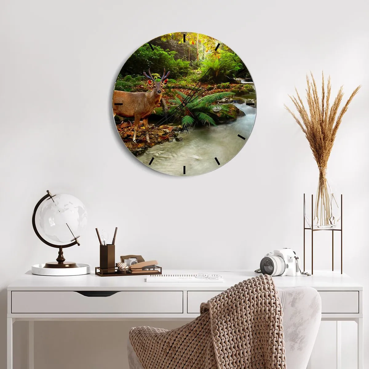 Wall clock - Clock on glass - Deer in a forest landscape by a stream - 30x30cm - Wlecome to my World - Modern wall decoration for the living room, kitchen, and bedroom ARTTOR