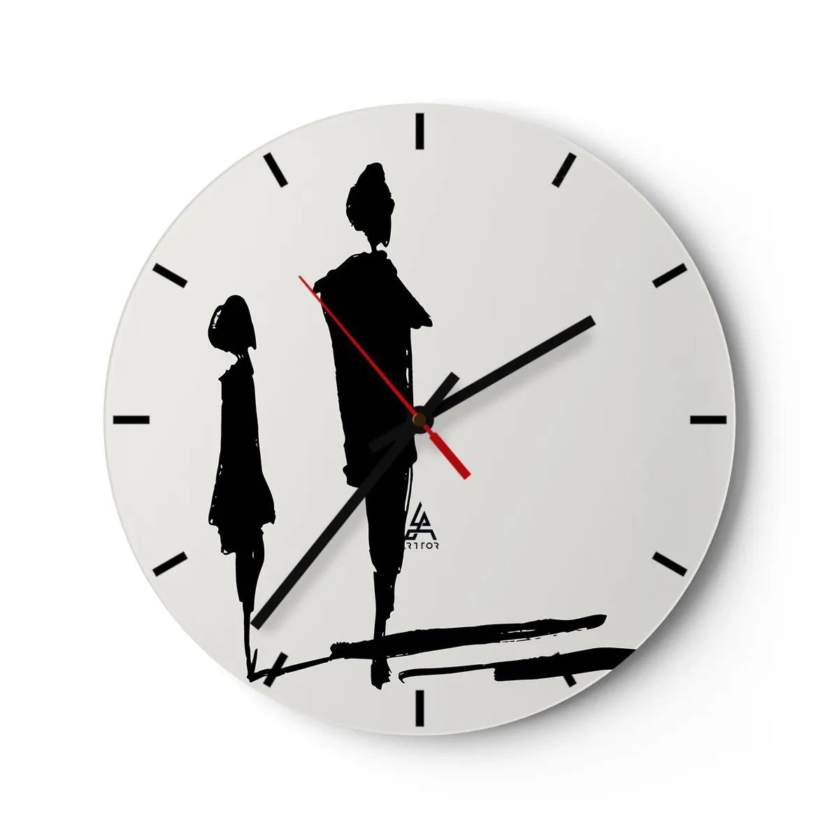 Wall clock - Clock on glass - Black silhouettes of two figures on a white background in a sketchy style. - 30x30cm - Surely Together? - Modern wall decoration for the living room, kitchen, and bedroom ARTTOR