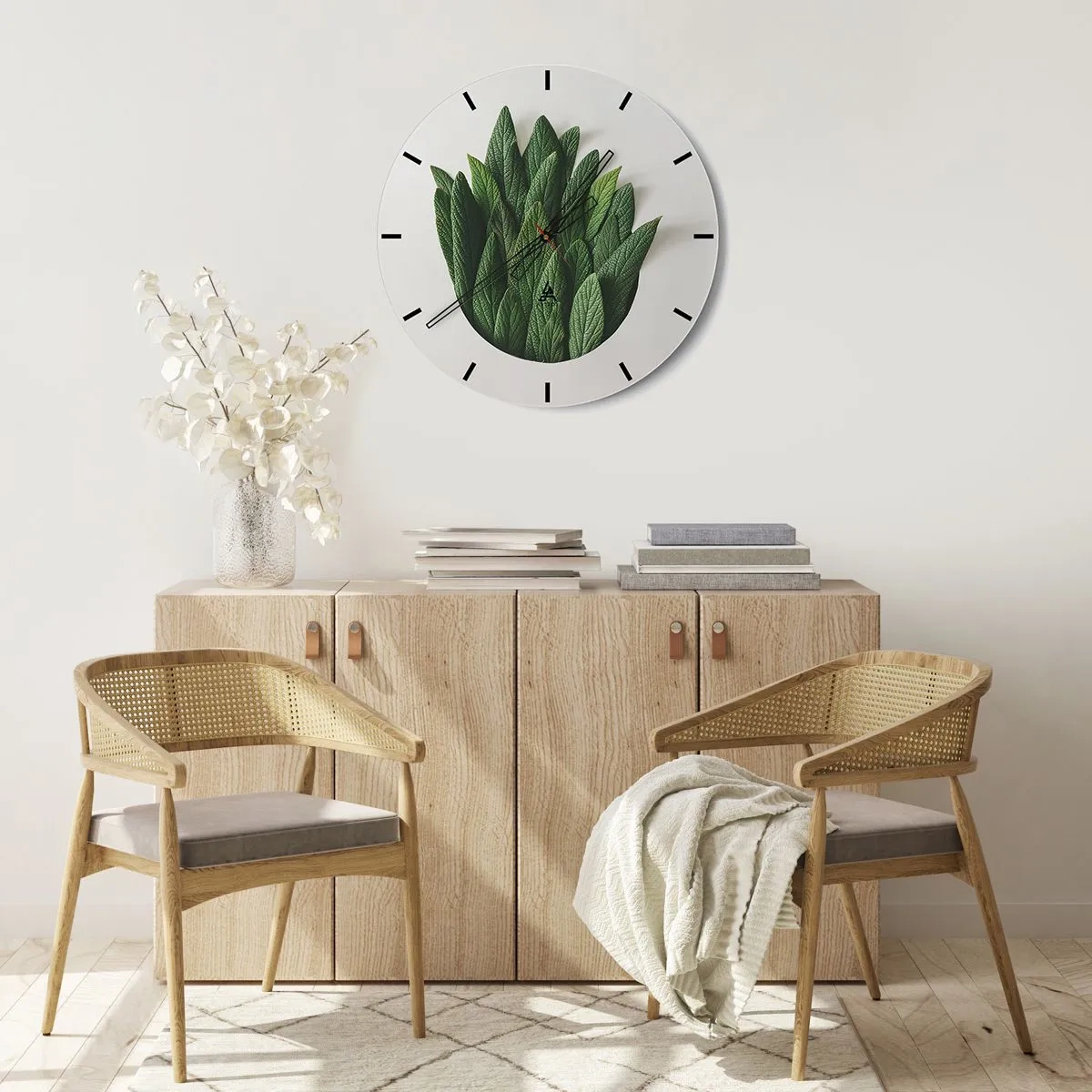Wall clock - Clock on glass - Green leaves with a distinct texture on a light background - 30x30cm - Untamed Curiosity - Modern wall decoration for the living room, kitchen, and bedroom ARTTOR