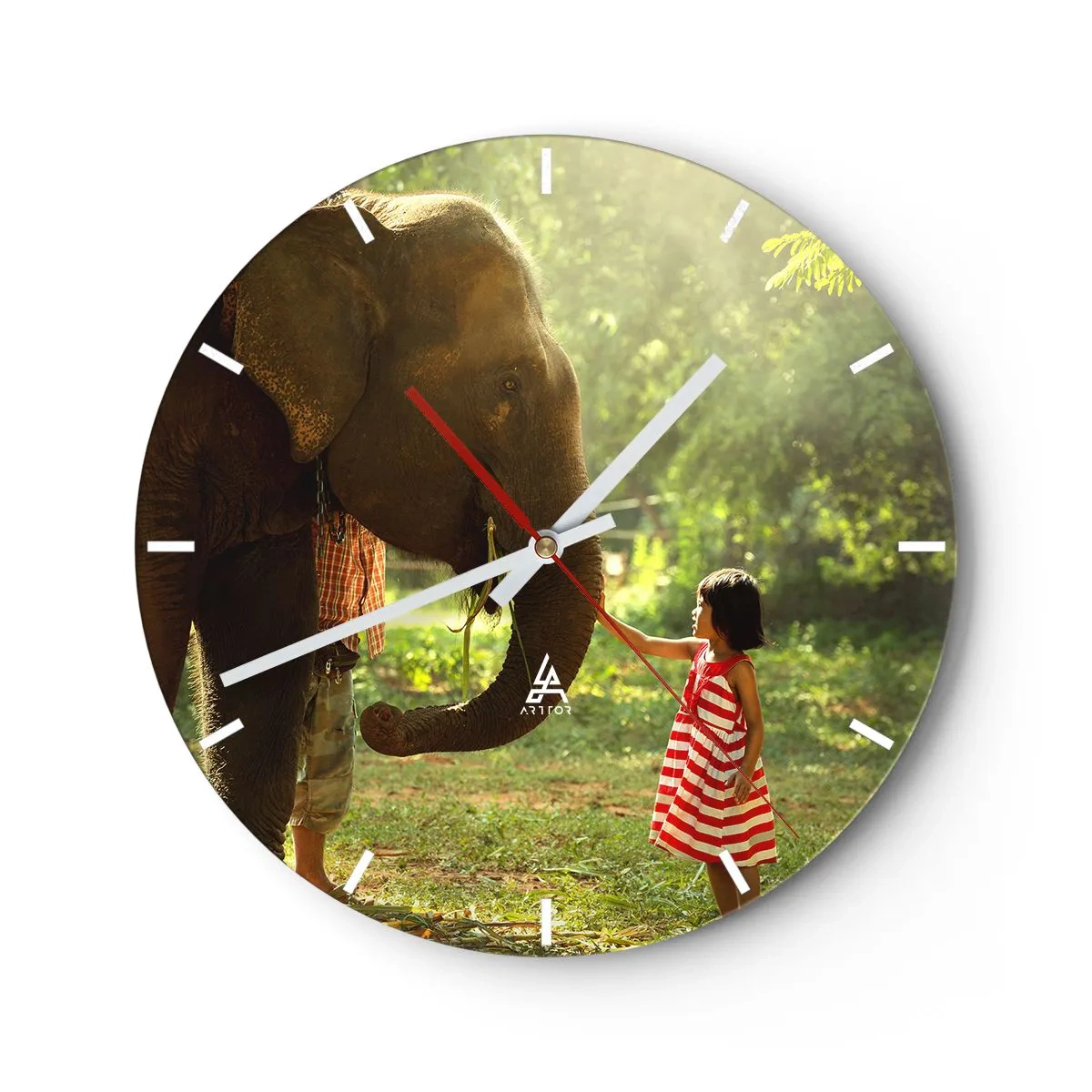 Wall clock - Clock on glass - A girl in a red dress touches an elephant's trunk in the forest. - 30x30cm - Power of Friendship - Modern wall decoration for the living room, kitchen, and bedroom ARTTOR