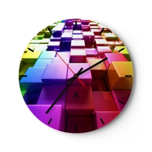 Wall clock - Clock on glass - Colorful cubes in a geometric composition - 30x30cm - Optical Harmony - Modern wall decoration for the living room, kitchen, and bedroom ARTTOR