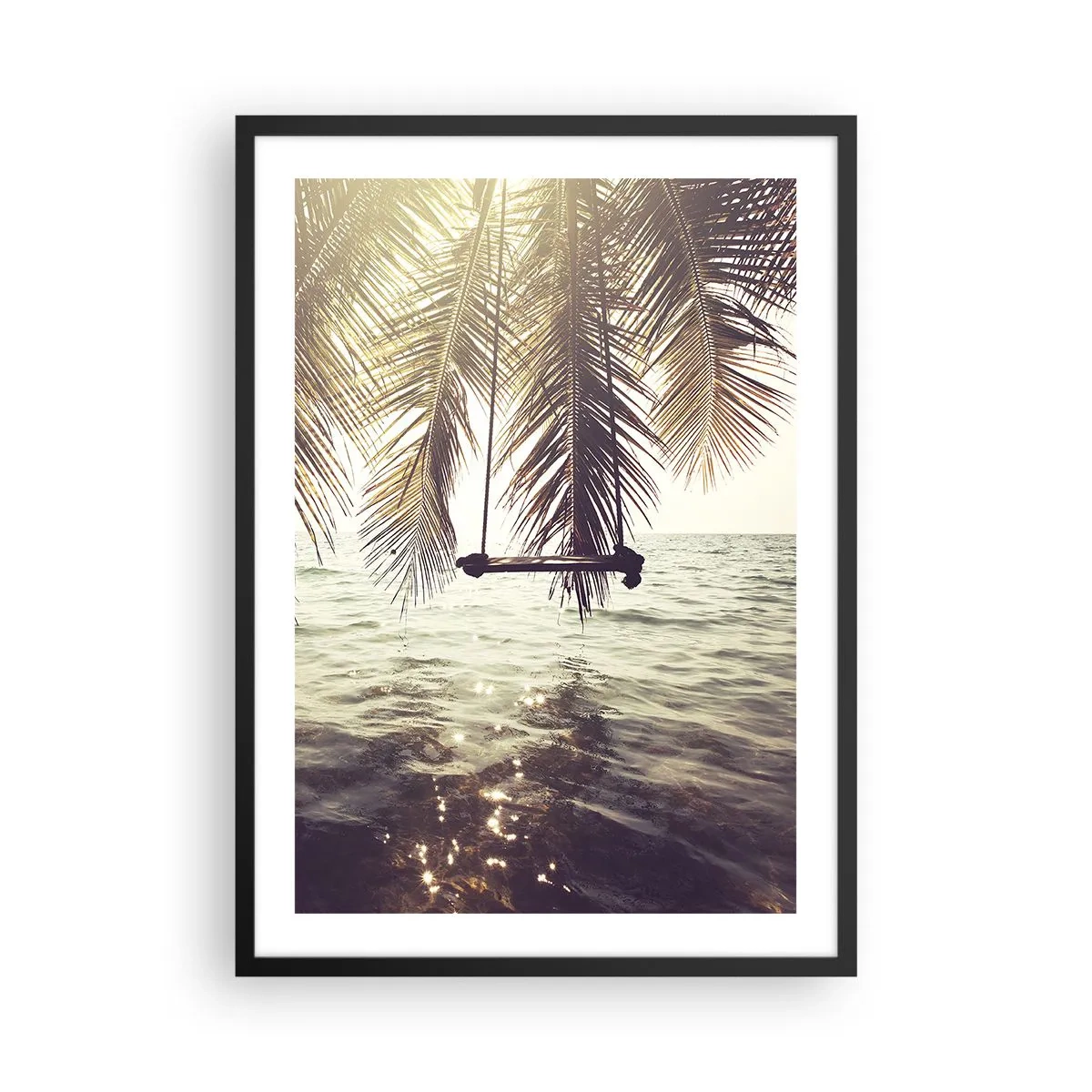 Poster in black frame - A swing under the palm trees by the calm sea - 50x70cm - You Can Dream as Much as You Wish - Modern wall decoration for the living room and bedroom ARTTOR