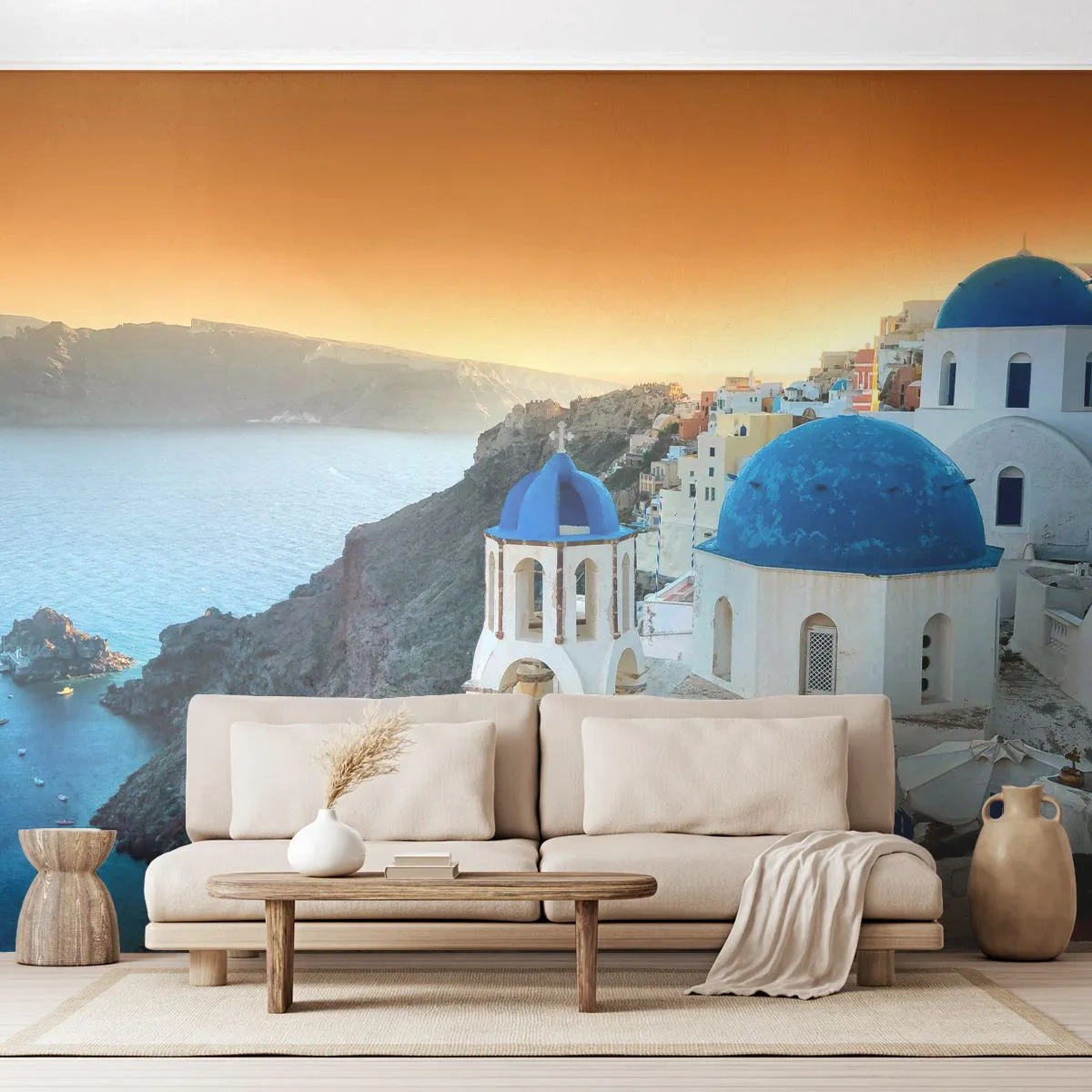 Self-Adhesive Photo Wallpaper Deluxe Sticker - Santorini - Snuggling up to the Rocks - Landscape, Greece, Santorini - 150x105 cm
