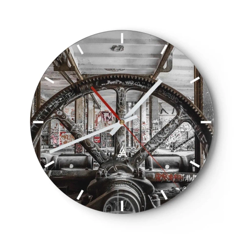 Wall clock - Clock on glass - An industrial motif with elements of machinery and graffiti. - 30x30cm - Secret Life of a Factory - Modern wall decoration for the living room, kitchen, and bedroom ARTTOR