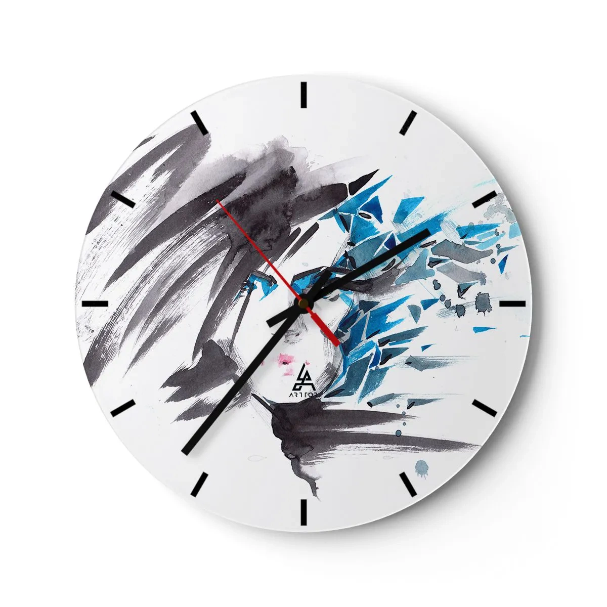 Wall clock - Clock on glass - An abstract combination of gray and blue in a dynamic form. - 30x30cm - Sensual Portrait in Grey and Blue - Modern wall decoration for the living room, kitchen, and bedroom ARTTOR