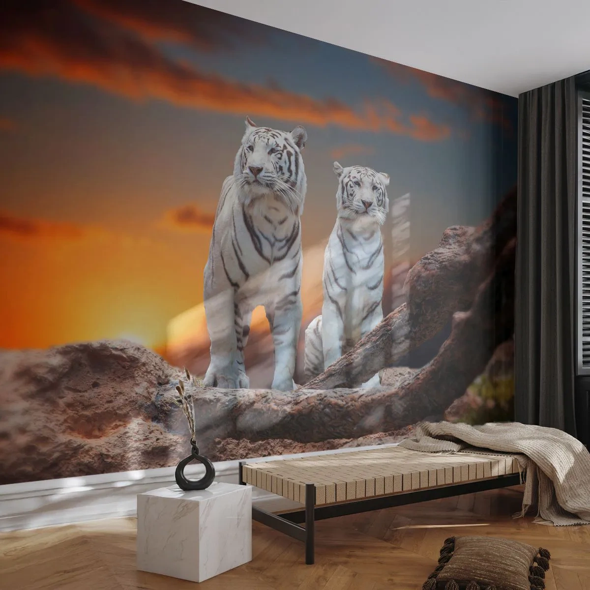 Photo Wallpaper Premium Sand - Just Like in Narnia - Animals, Tiger, Sunset - 100x70 cm
