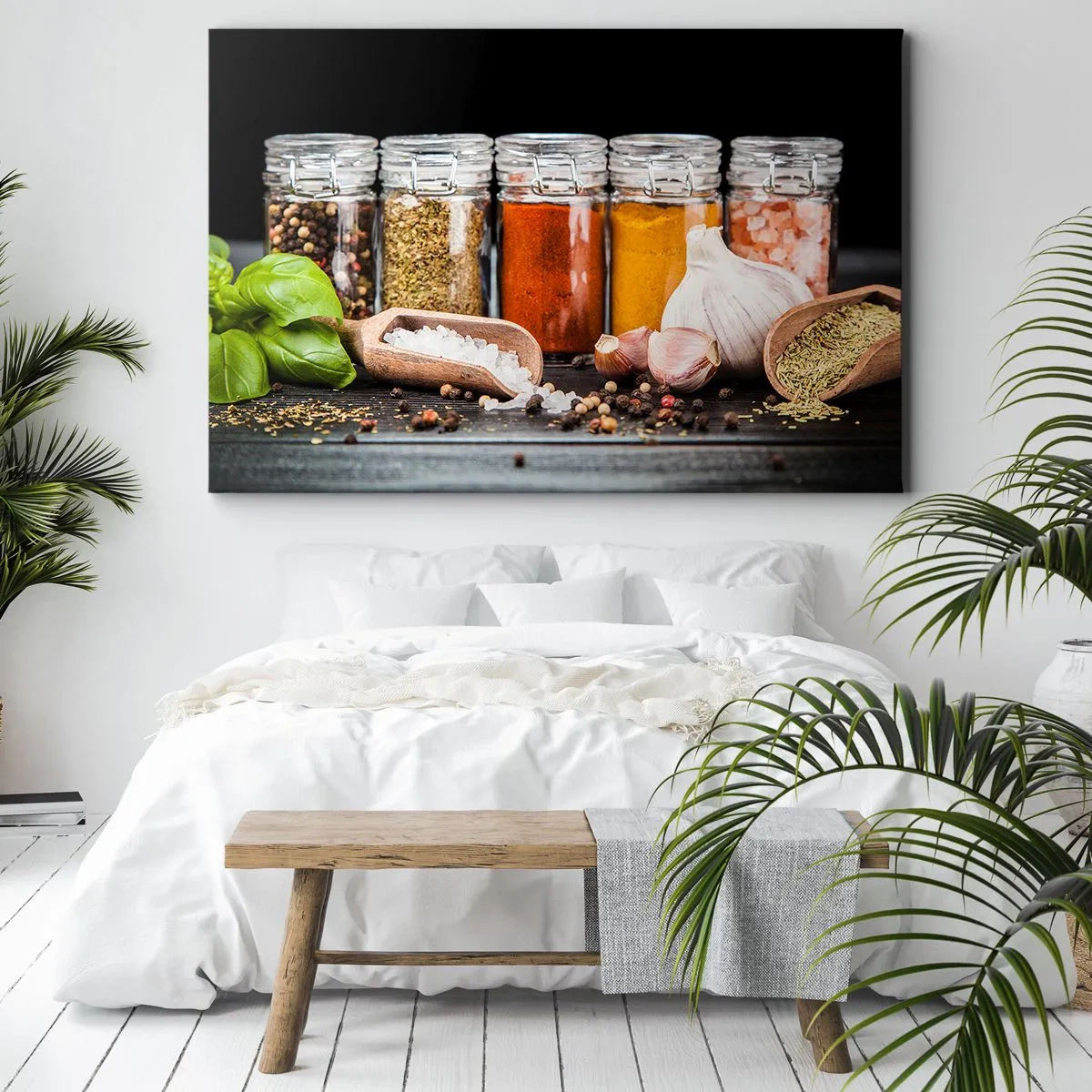 Canvas picture - Herbs and spices in glass jars on a dark background - 70x50cm - Spicing Up Life - Modern wall decoration for the living room and bedroom ARTTOR