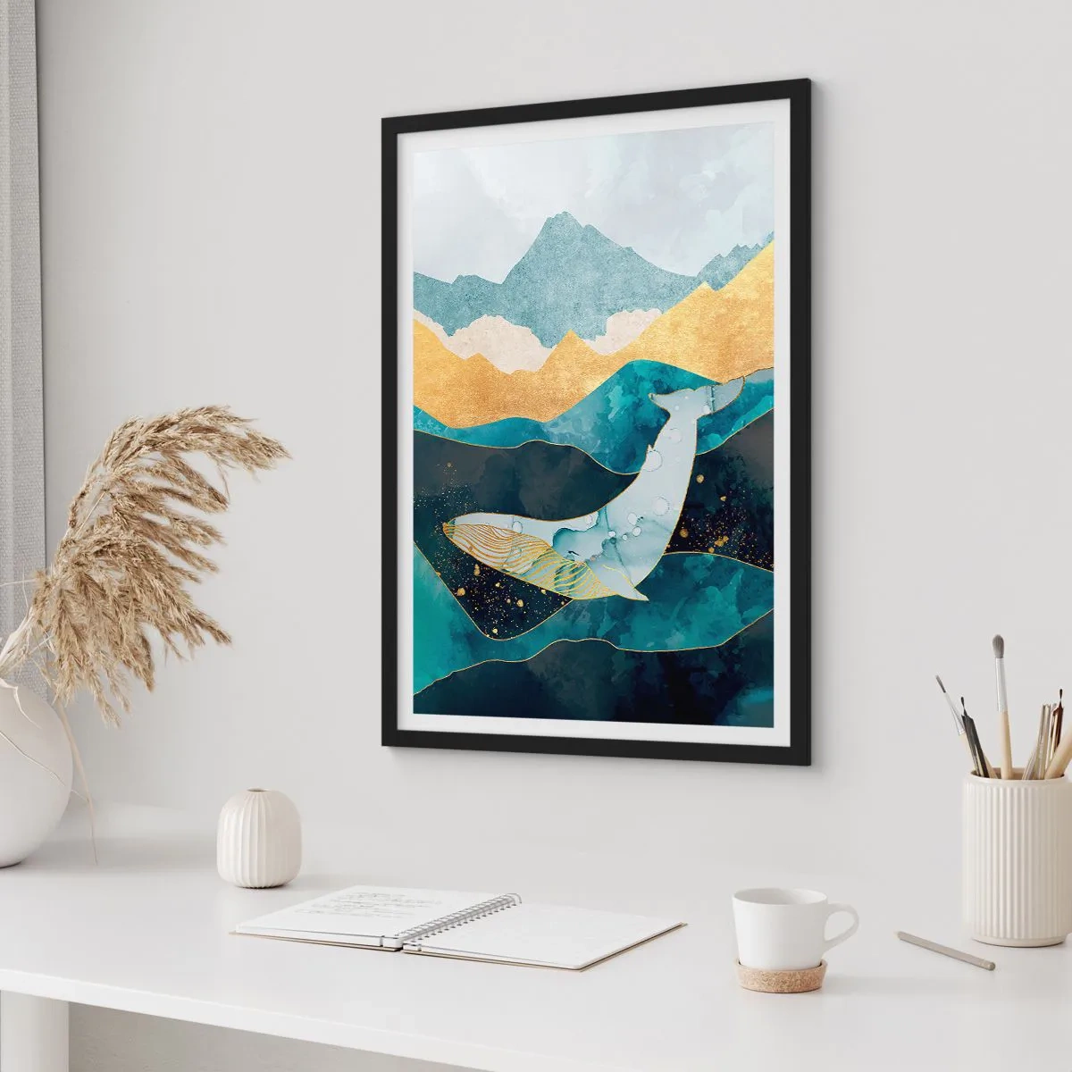 Poster in black frame - An abstract whale floating among golden waves. - 50x70cm - Cool Beauty of the North - Modern wall decoration for the living room and bedroom ARTTOR