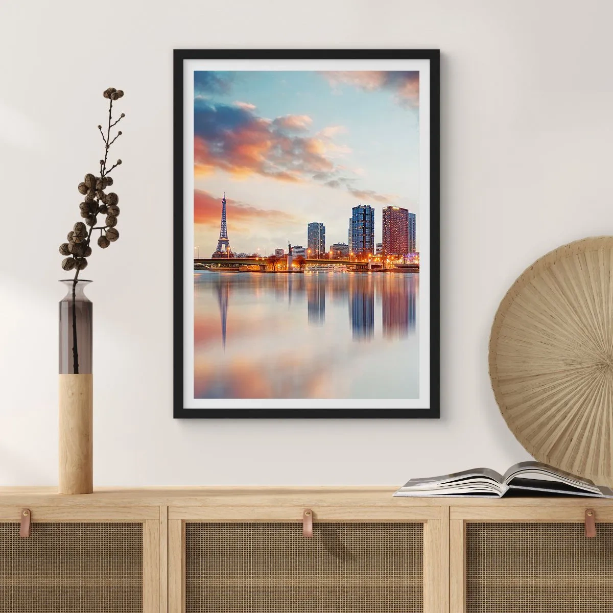 Poster in black frame - Panorama of Paris with the Eiffel Tower at dusk - 50x70cm - Monumental Peace of Paris - Modern wall decoration for the living room and bedroom ARTTOR