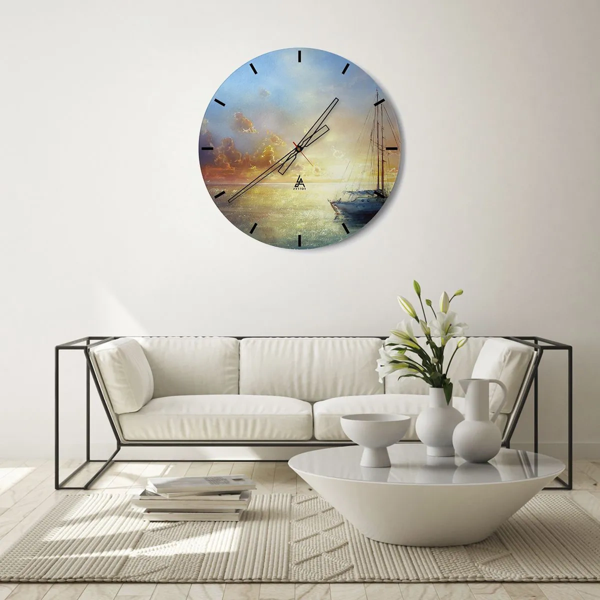 Wall clock - Clock on glass - A sailboat at sea during sunset - 30x30cm - In a Golden Bay - Modern wall decoration for the living room, kitchen, and bedroom ARTTOR