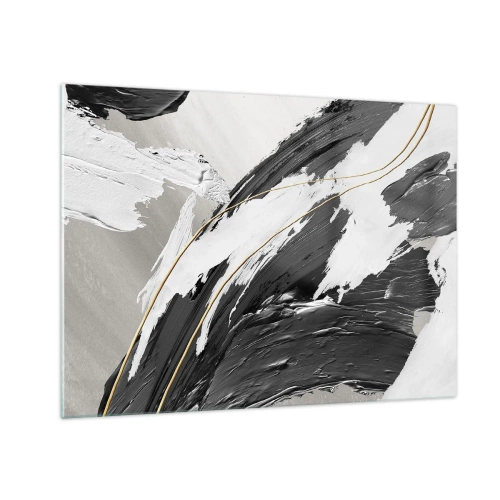 Glass picture - Dynamic strokes of black and white with a gold accent - 70x50cm - Abstract with Flair - Modern wall decoration for the living room and bedroom ARTTOR