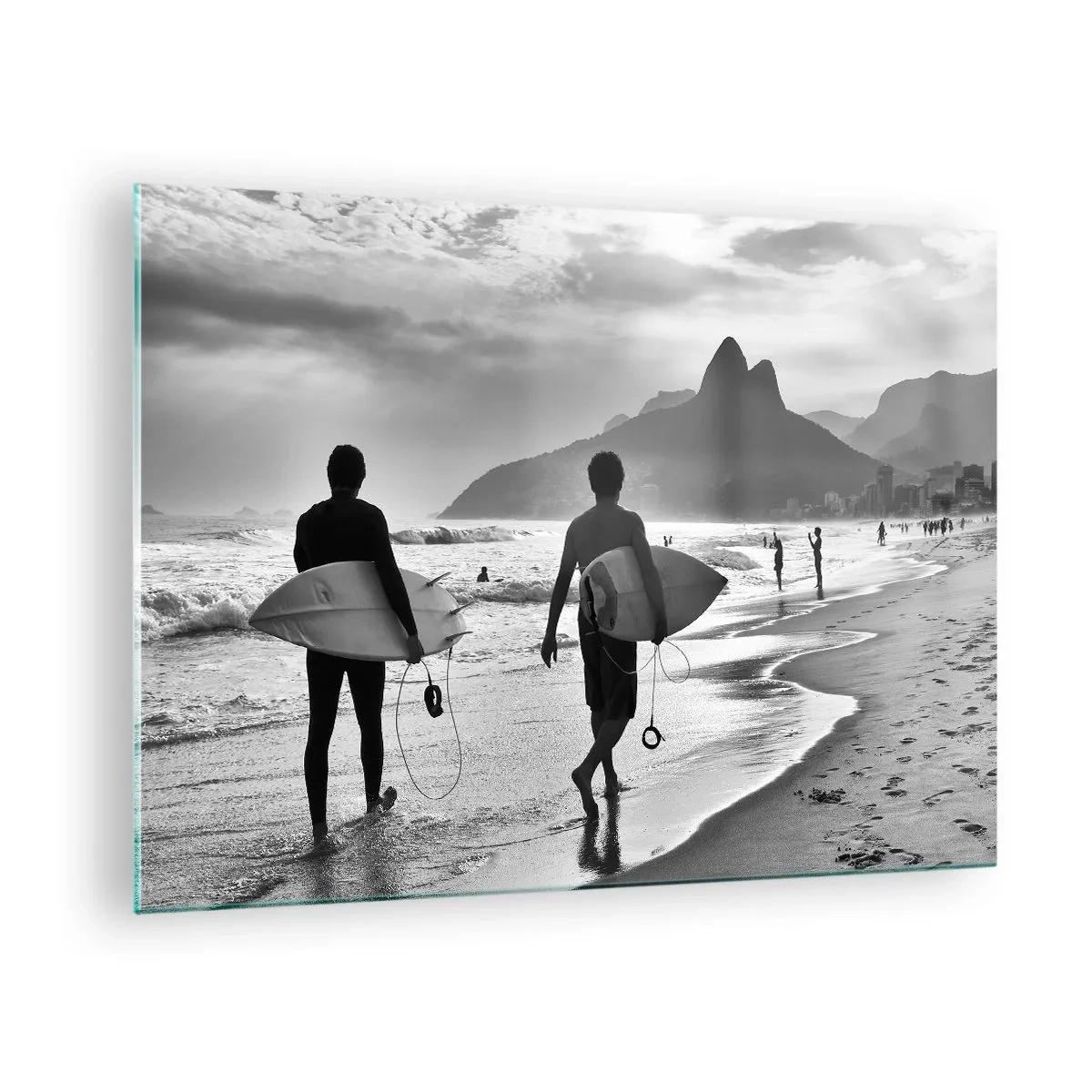 Glass picture - Surfers on the beach with boards, black and white composition - 70x50cm - Samba for One Wave - Modern wall decoration for the living room and bedroom ARTTOR
