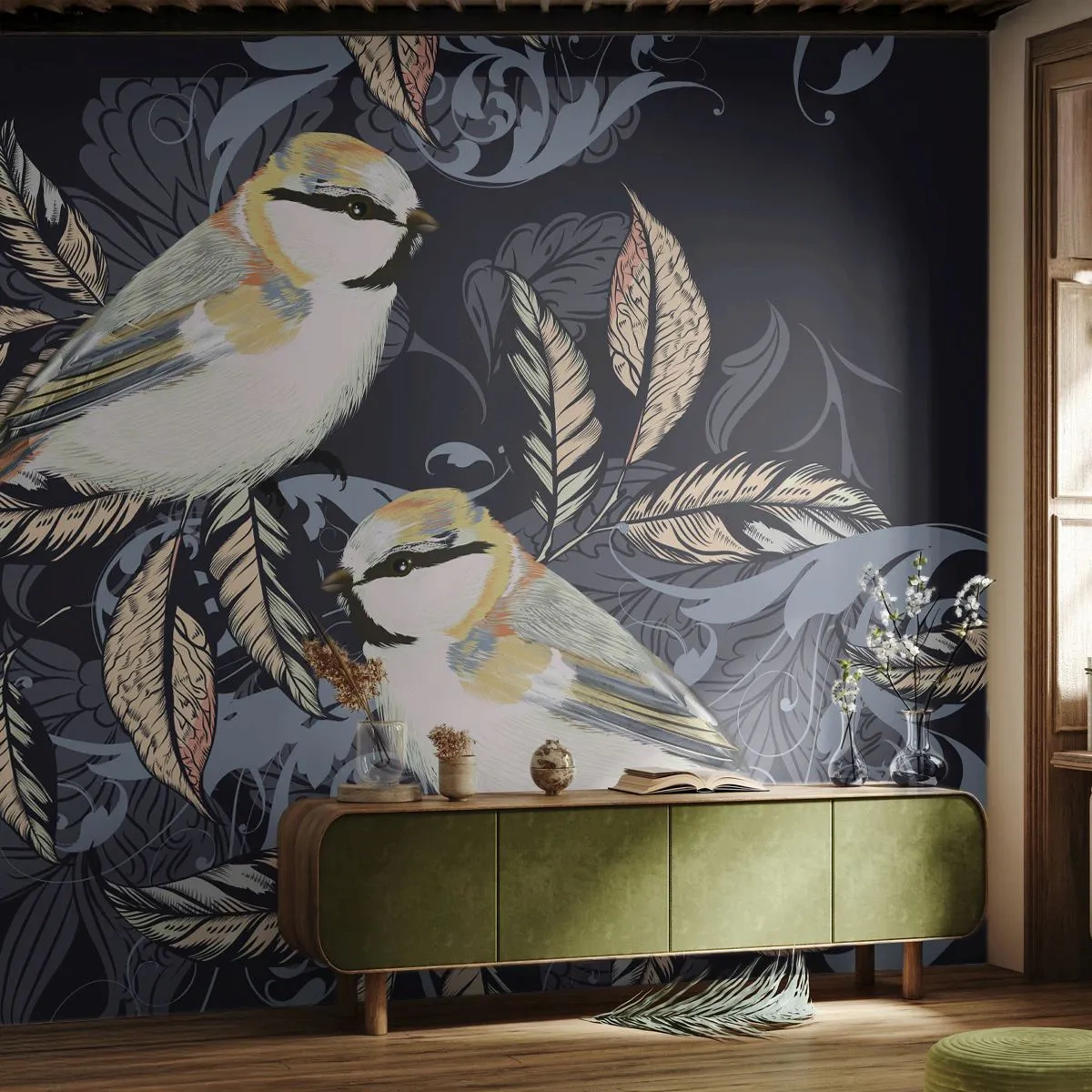 Self-Adhesive Photo Wallpaper Deluxe Sticker - Blue and Yellow Chirp - Abstraction, Birds, Leaves - 300x210 cm