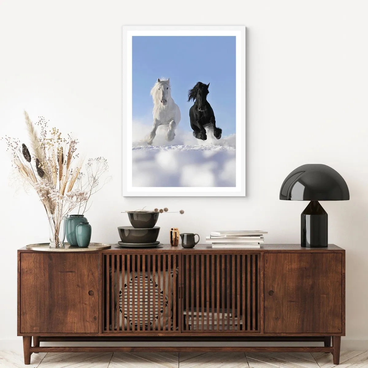Poster in white frmae - Black and White Gallop - 61x91 cm