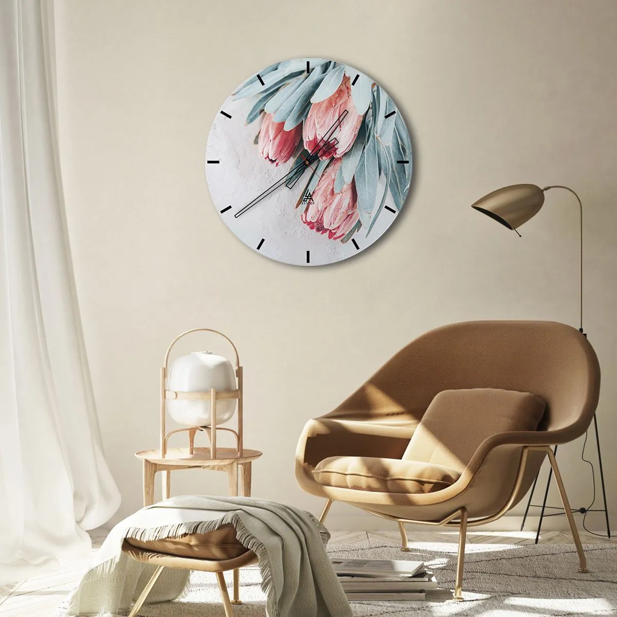 Wall clock - Clock on glass - Protea flowers with pale blue leaves on a light background - 30x30cm - Ashamed of Their Own Beauty - Modern wall decoration for the living room, kitchen, and bedroom ARTTOR