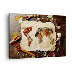 Canvas picture - A world map made of spices on a wooden background. - 70x50cm - All Flavours of the World - Modern wall decoration for the living room and bedroom ARTTOR