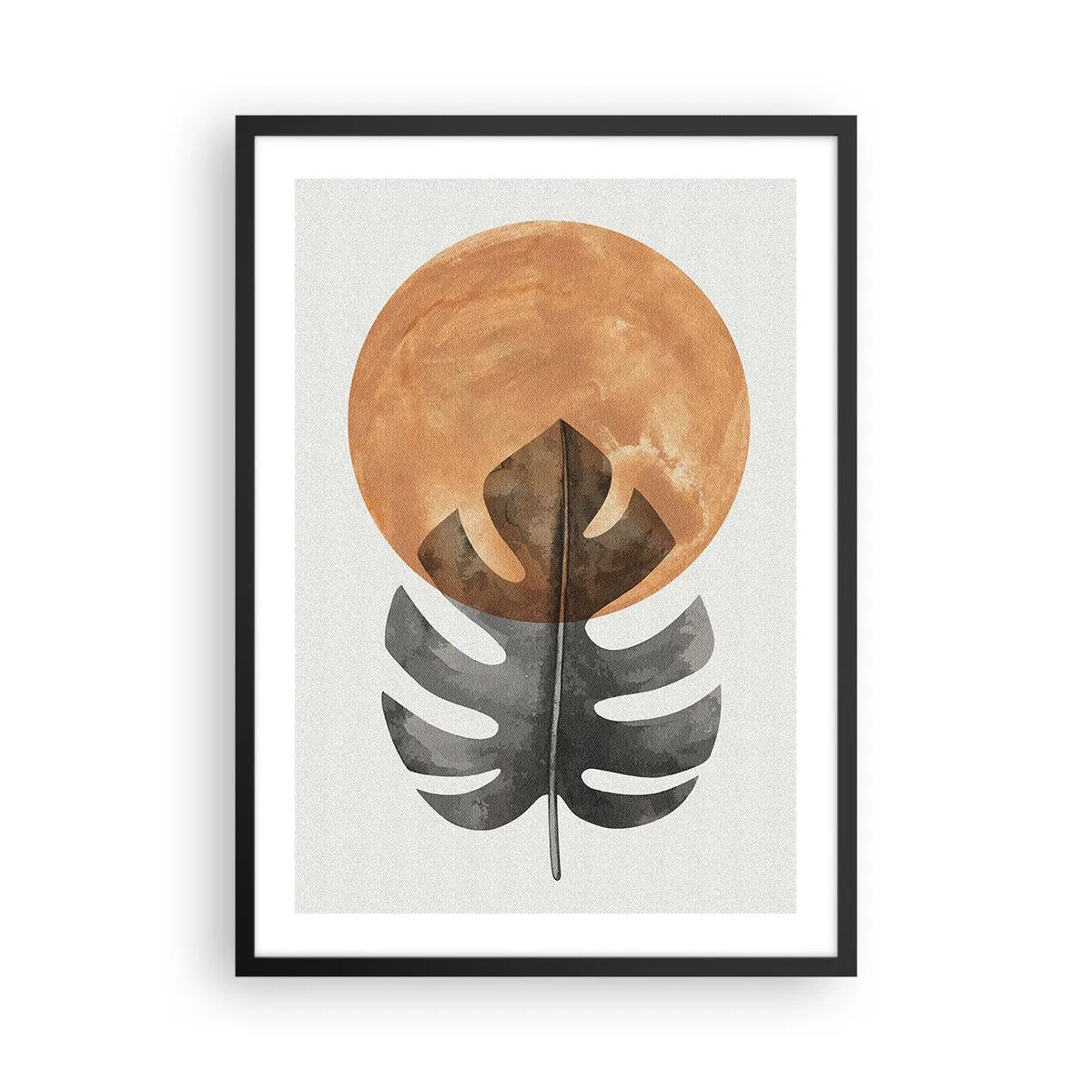 Poster in black frame - A monstera leaf against a warm orange circle - 50x70cm - Always the Sun - Modern wall decoration for the living room and bedroom ARTTOR