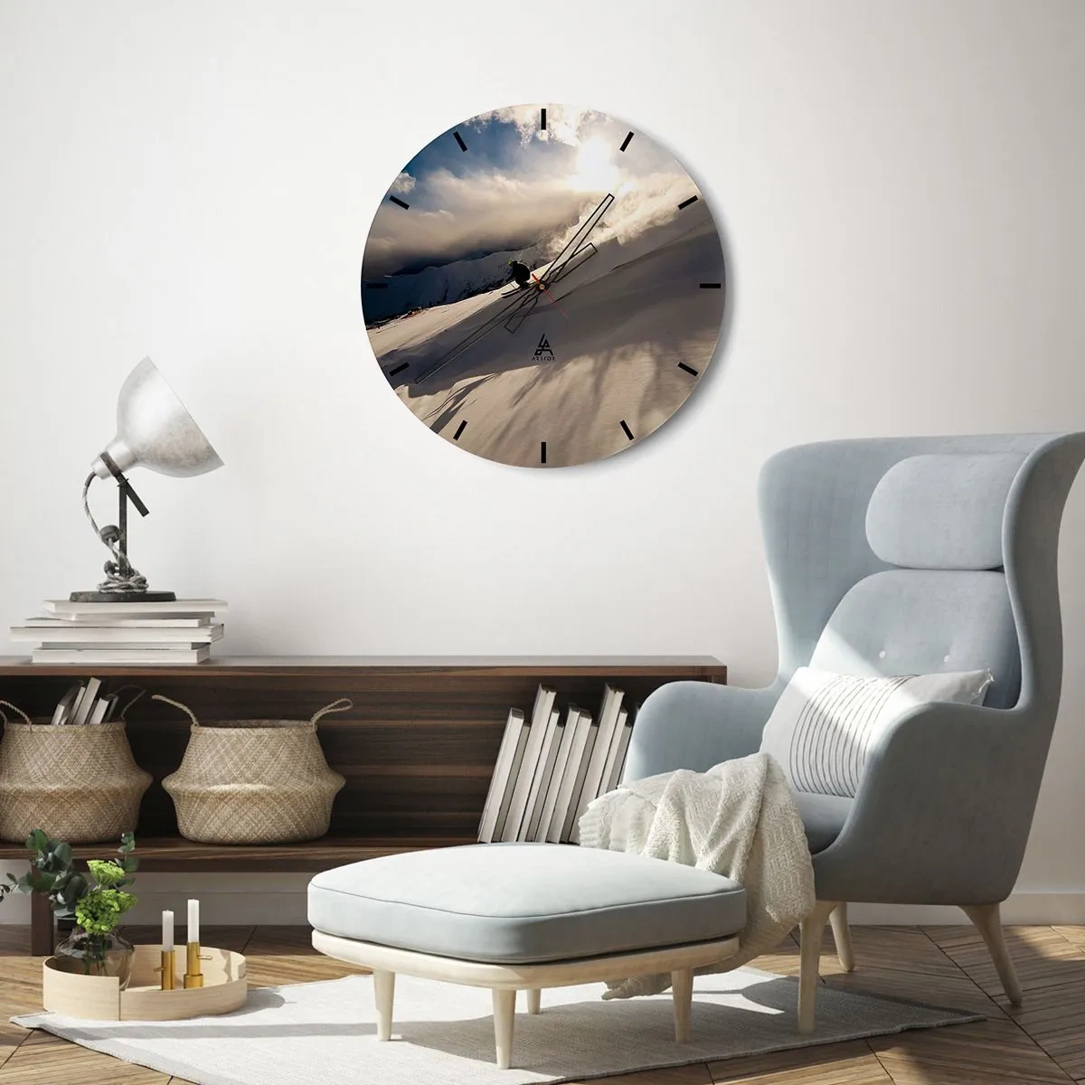 Wall clock - Clock on glass - A skier on a snowy slope in the sunshine - 30x30cm - Mountain Challenge Accepted - Modern wall decoration for the living room, kitchen, and bedroom ARTTOR
