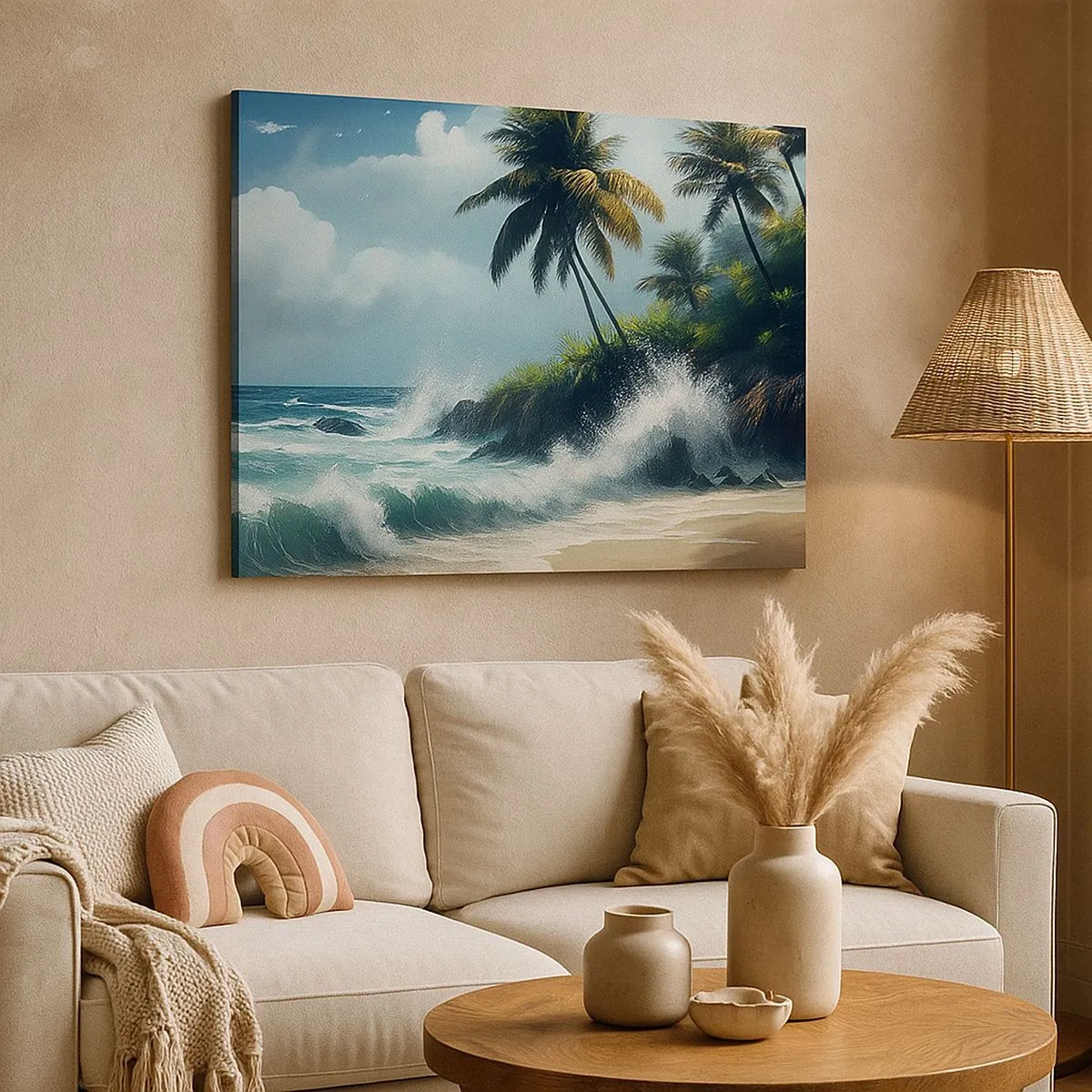 Canvas picture - Tropical shore with palm trees and a rough sea - 70x50cm - On a Tropical Shore - Modern wall decoration for the living room and bedroom ARTTOR